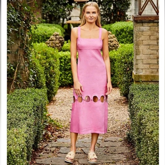 NWT Antonio Melani Dress Linen Blend Square Neck Cut Out Sheath Pink Midi Sz 12 - Picture 3 of 12